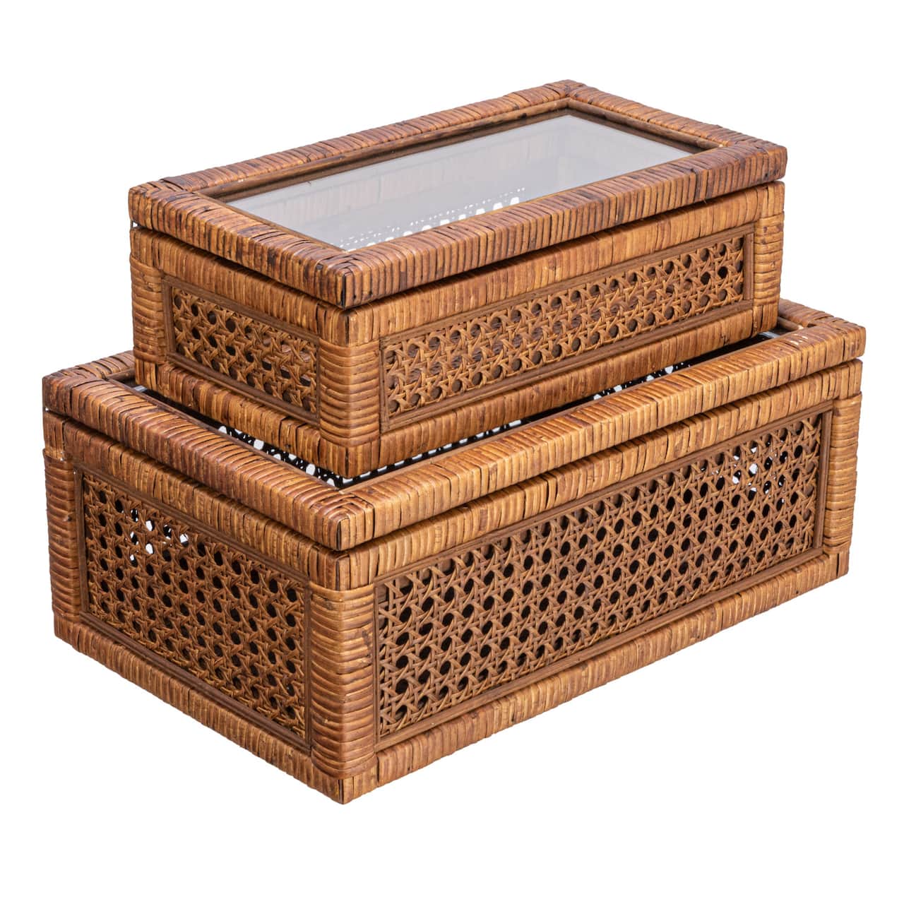 Hello Honey® Dark Brown Modern Decorative Rectangle Woven Rattan & Wood Display Box Set with Glass Top